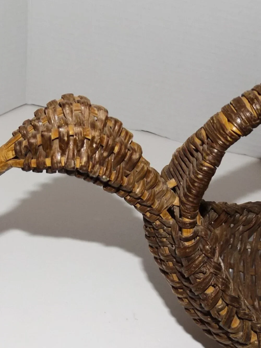 Vintage Woven Wicker And Bamboo Brown Bird Basket Carved Beak